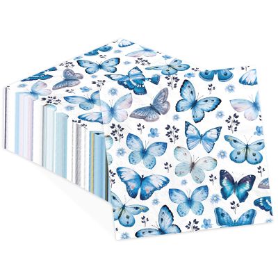 100 Pcs Blue Butterfly Paper Napkins 3 Ply Butterflies Flower Leaves Disposable Absorbent Hand Towels Butterfly Floral Guest Napkins for Bridal Shower Birthday Wedding Home Supplies Decorations