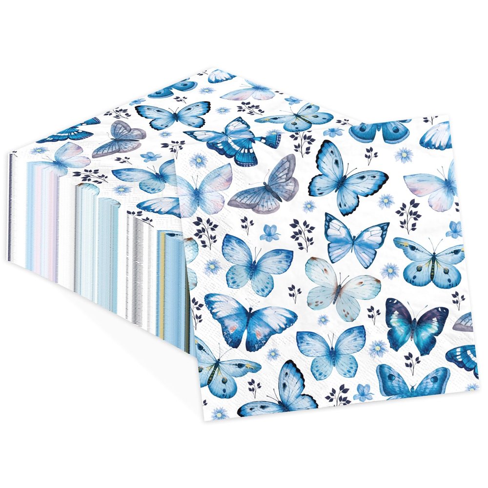 100 Pcs Blue Butterfly Paper Napkins 3 Ply Butterflies Flower Leaves Disposable Absorbent Hand Towels Butterfly Floral Guest Napkins for Bridal Shower Birthday Wedding Home Supplies Decorations