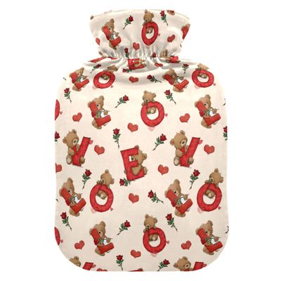 2 L Hot Water Bottle Little Bear Rose Hot Water Bottle with Cover Soft Velvet Leak Proof Screw Plug Best for Winter Sports Outdoors