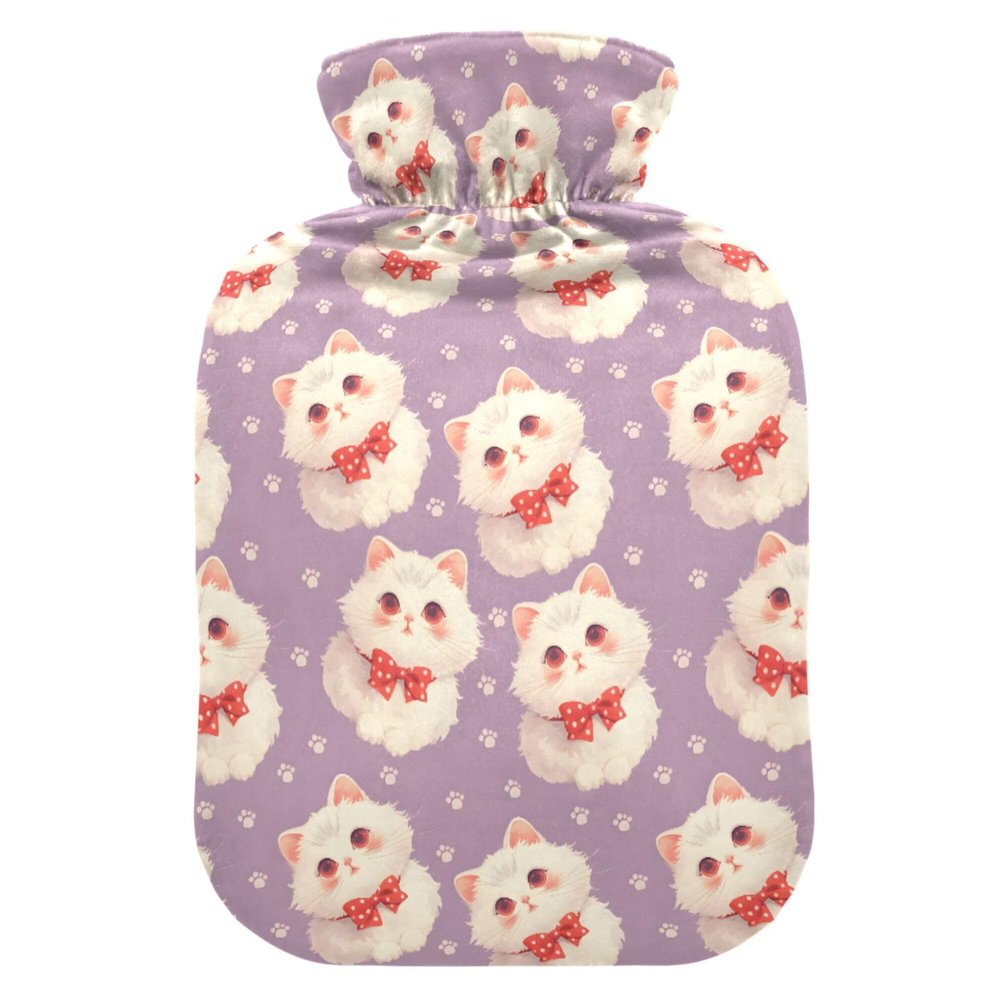 2 L Hot Water Bottle Cat with A Red Polka Dot Bow Hot Water Bottle with Cover Soft Velvet Leak Proof Screw Plug Best for Winter Sports Outdoors