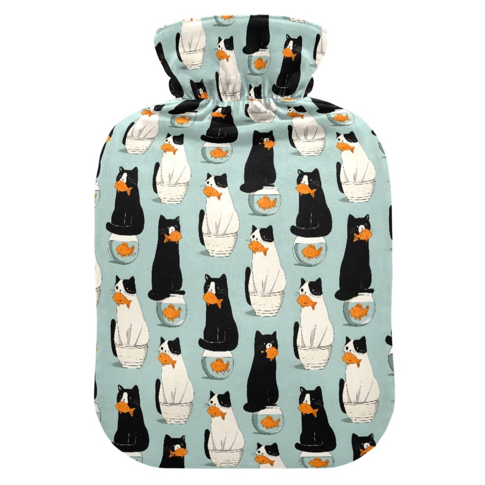 1 L Hot Water Bottle Fish Cat Hot Water Bottle with Cover Soft Velvet Leak Proof Screw Plug Best for Winter Sports Outdoors