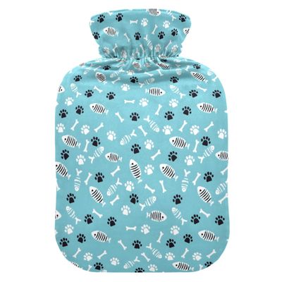 2 L Hot Water Bottle Fishbone Footprint Hot Water Bottle with Cover Soft Velvet Leak Proof Screw Plug Best for Winter Sports Outdoors