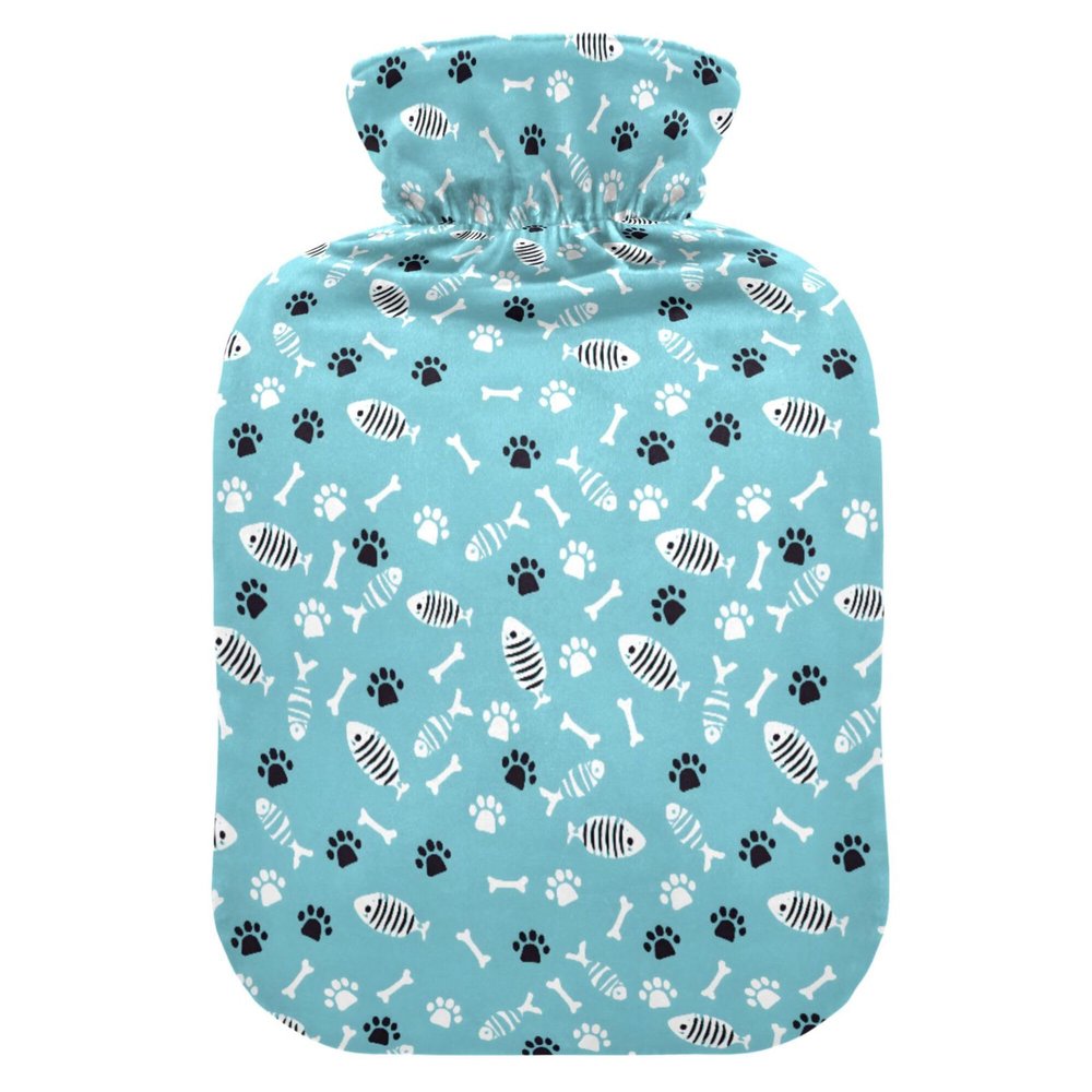 2 L Hot Water Bottle Fishbone Footprint Hot Water Bottle with Cover Soft Velvet Leak Proof Screw Plug Best for Winter Sports Outdoors