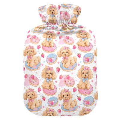 2 L Hot Water Bottle Doughnut Dog Hot Water Bottle with Cover Soft Velvet Leak Proof Screw Plug Best for Winter Sports Outdoors