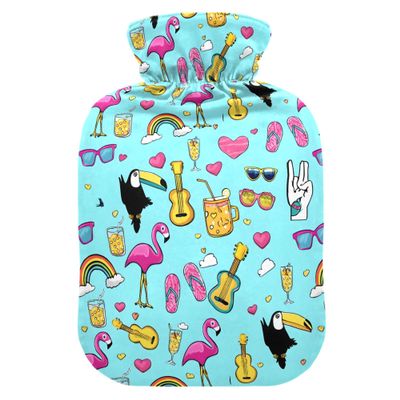 2 L Hot Water Bottle Flamingo Beasts Hot Water Bottle with Cover Soft Velvet Leak Proof Screw Plug Best for Winter Sports Outdoors
