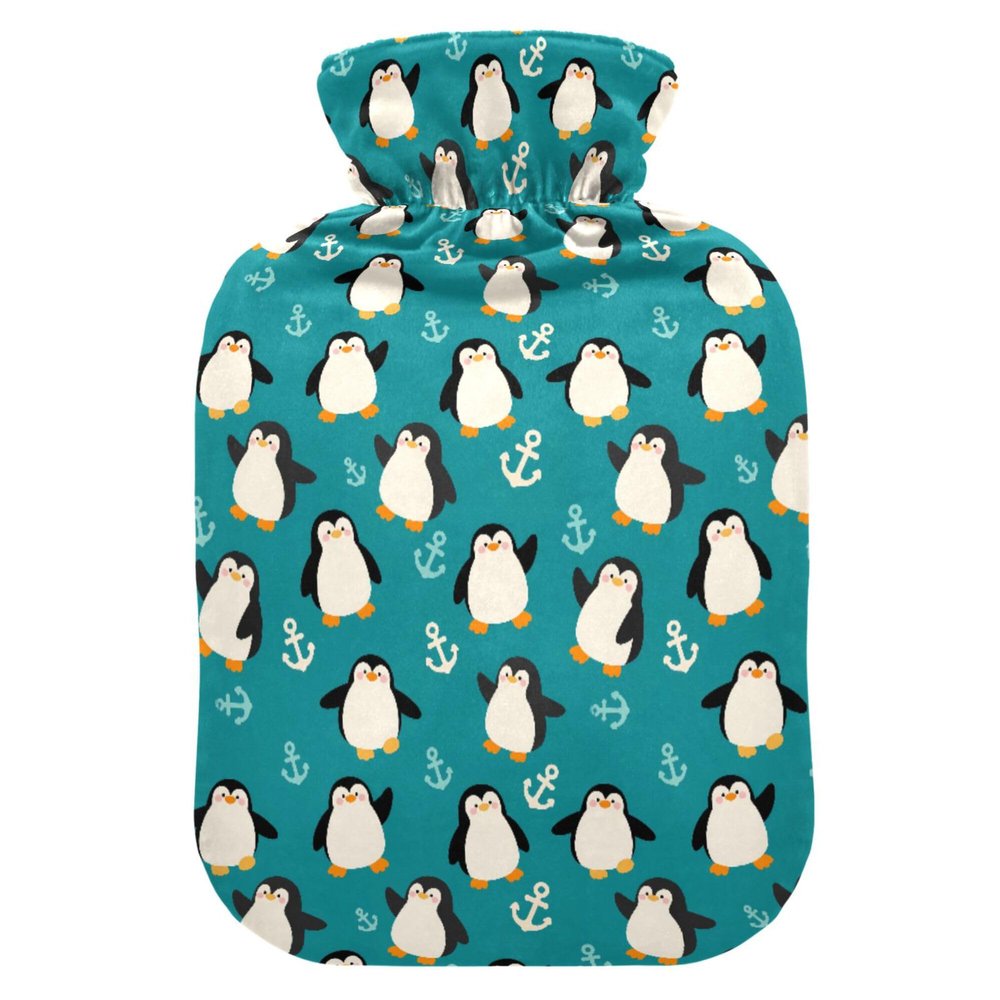 1 L Hot Water Bottle Cartoon Penguin and Anchor Hot Water Bottle with Cover Soft Velvet Leak Proof Screw Plug Best for Winter Sports Outdoors