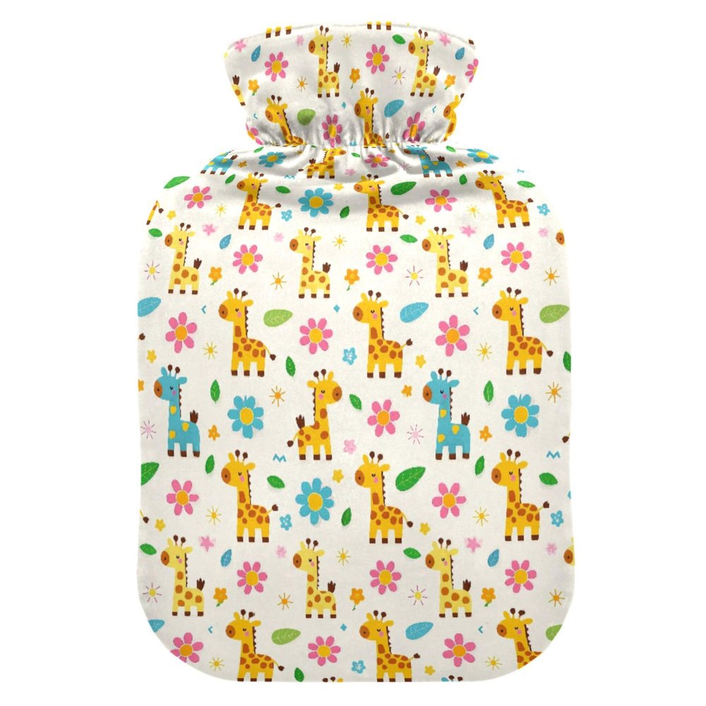 1 L Hot Water Bottle Giraffe Cute Flowers Hot Water Bottle with Cover Soft Velvet Leak Proof Screw Plug Best for Winter Sports Outdoors