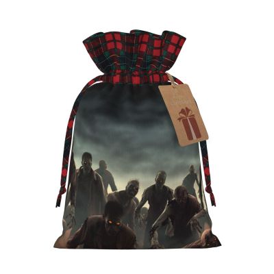 NBSKSDLK Many Zombie Christmas Gift Bags with Tags & Ribbon Ties, Buffalo Plaid Santa Sack Xmas Treat Pouch Party Favor Bags Drawstring Christmas Sacks for Holiday Presents Storage Medium