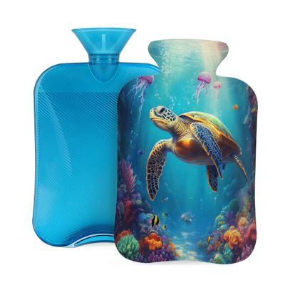 Hot Water Bottle with Cover 2 Liter, Jellyfish Sea Turtles Corals Ocean Coast Fish Rubber Hot Water Bag for Pain Relief Headaches Cramps and Winter Warmth