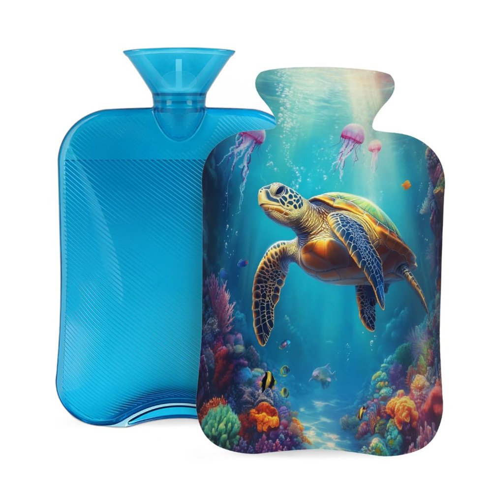 Hot Water Bottle with Cover 2 Liter, Jellyfish Sea Turtles Corals Ocean Coast Fish Rubber Hot Water Bag for Pain Relief Headaches Cramps and Winter Warmth