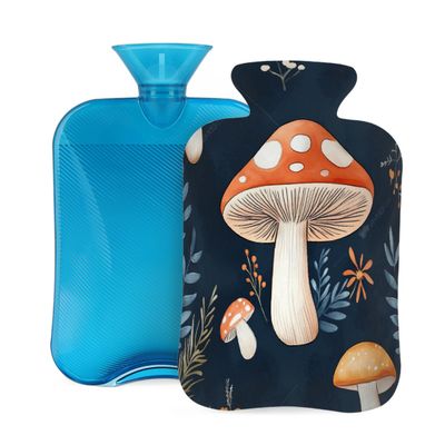 Hot Water Bottle with Cover 2 Liter, Cute Retro Mushrooms Botanical Floral Rubber Hot Water Bag for Pain Relief Headaches Cramps and Winter Warmth