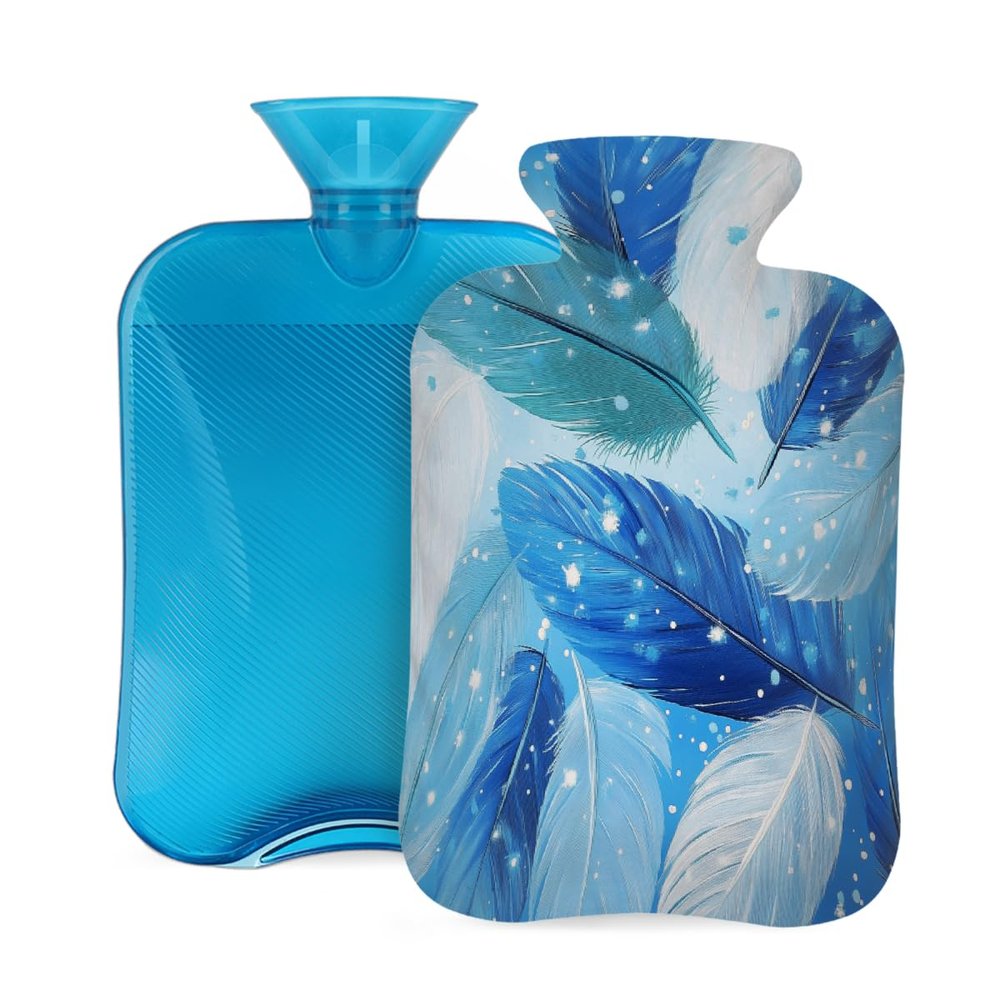 Hot Water Bottle with Cover 2 Liter, Watercolor Blue Feather Rubber Hot Water Bag for Pain Relief Headaches Cramps and Winter Warmth