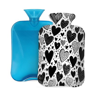 Hot Water Bottle with Cover 2 Liter, Black and White Hearts Rubber Hot Water Bag for Pain Relief Headaches Cramps and Winter Warmth