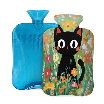 Hot Water Bottle with Cover 2 Liter, Cute Black Cat in Colorful Flowers Rubber Hot Water Bag for Pain Relief Headaches Cramps and Winter Warmth