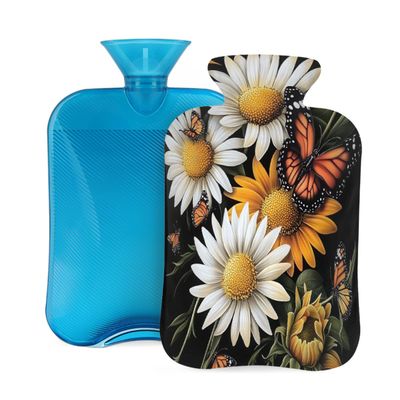 Hot Water Bottle with Cover 2 Liter, Daisies Butterflies Rubber Hot Water Bag for Pain Relief Headaches Cramps and Winter Warmth