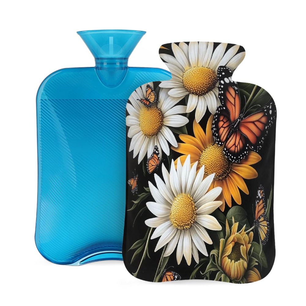 Hot Water Bottle with Cover 2 Liter, Daisies Butterflies Rubber Hot Water Bag for Pain Relief Headaches Cramps and Winter Warmth