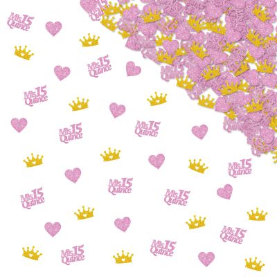 130pcs Mis Quince 15 Confetti, Gold Crown 15th Birthday Table Confetti, Pink Glitter Loveheart 15 Table Scatter for Girl 15 Years Old Birthday Party Decoration