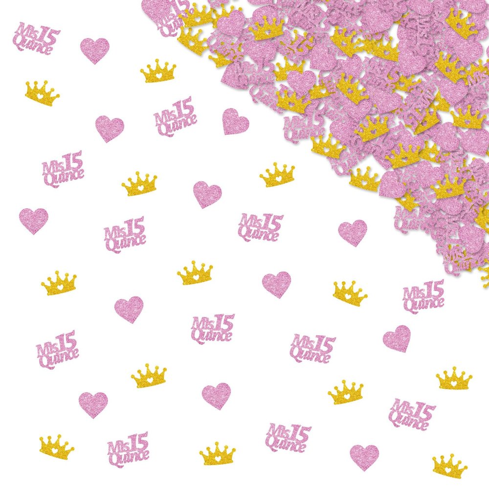 130pcs Mis Quince 15 Confetti, Gold Crown 15th Birthday Table Confetti, Pink Glitter Loveheart 15 Table Scatter for Girl 15 Years Old Birthday Party Decoration
