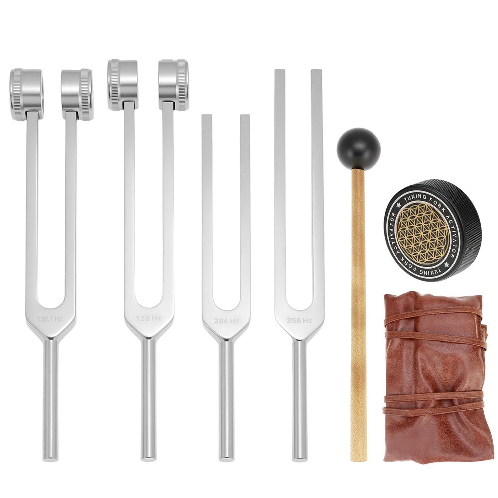 QWORK Tuning Forks for Healing Set 128Hz, 136Hz, 256Hz, 384Hz with Activator & Red Leather Pouch, Aluminum Sound Therapy Kit