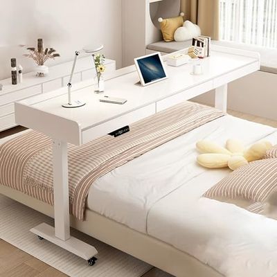 Mobile Electric Adjustable Height Bed Desk with Wheels, Rolling Overbed Table with Drawer for Laptop, Hospital & Home Use, Versatile Height-Adjustable Bedside Workstation.