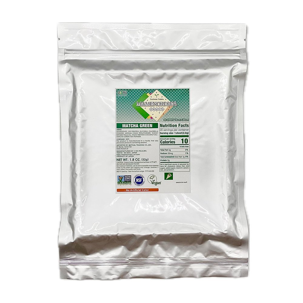 Japanese Matcha Green Soy Paper Wraps Mamenorisan 20 Sheets (1.8 oz) Made with Soy Protein, Matcha & Chlorella Nori Alternative for Sushi, Wraps Vegan, Gluten-Free Product of Japan