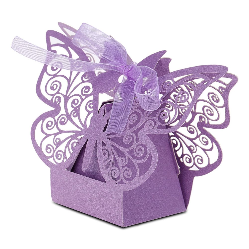 100Pcs Wedding Favor Sugar Boxes - Elegant Butterfly Design for Candy Chocolate Gift Packaging at Parties and Celebrations (Light Purple)