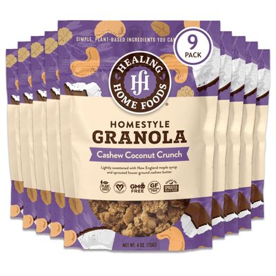 Healing Home Foods Cashew Coconut Crunch, Gluten Free Granola Mix Made with Coconut, Cashews & Almonds, Nut Granola Clusters for Yogurt, Cereal & Snacking, Low Sugar, Healthy Breakfast, 4oz (9Pack)