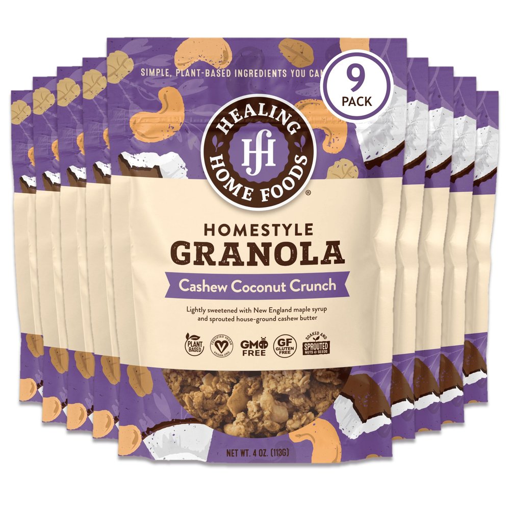 Healing Home Foods Cashew Coconut Crunch, Gluten Free Granola Mix Made with Coconut, Cashews & Almonds, Nut Granola Clusters for Yogurt, Cereal & Snacking, Low Sugar, Healthy Breakfast, 4oz (9Pack)