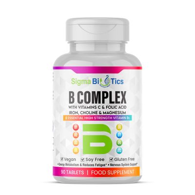 SigmaBiotics Vitamin B Complex with Vitamin C, Iron, Magnesium & Choline - High Potency B1-B12 Tablets - Energy, Metabolism & Nervous System Support - Vegan, Non-GMO - 90 Tablets