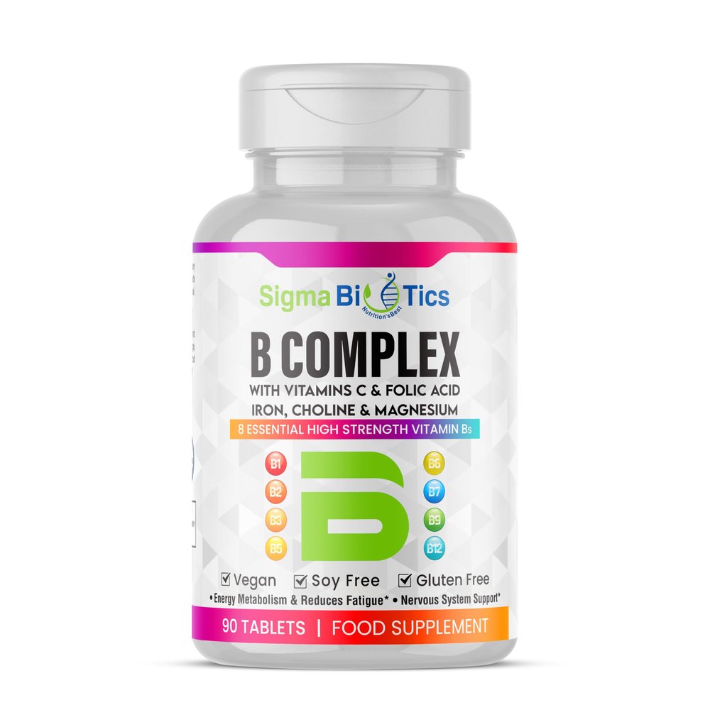 SigmaBiotics Vitamin B Complex with Vitamin C, Iron, Magnesium & Choline - High Potency B1-B12 Tablets - Energy, Metabolism & Nervous System Support - Vegan, Non-GMO - 90 Tablets