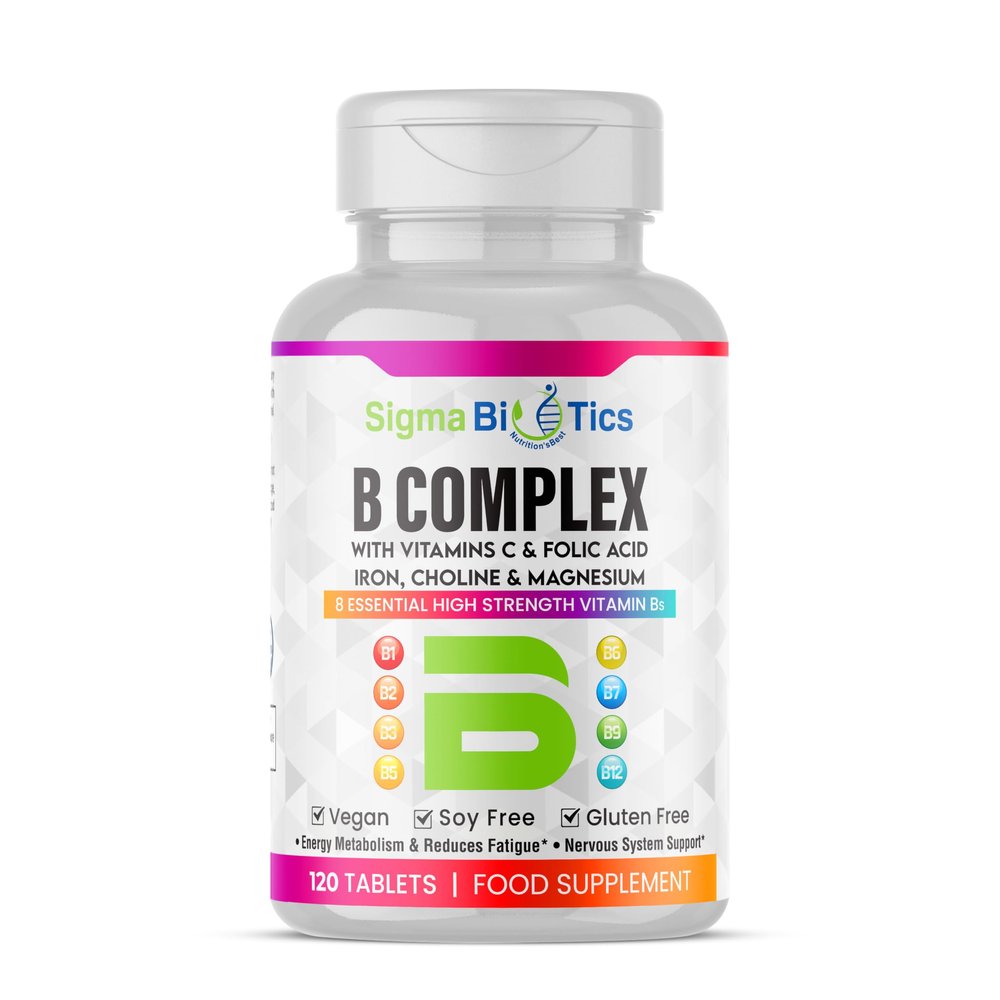 SigmaBiotics B Complex with Vitamin C, Folic Acid, Iron, Choline & Magnesium - Advanced High Potency B1, B2, B3, B5, B6, B7, B9, B12 - Energy & Nervous System Support - Vegan, Non-GMO 120 Tablets