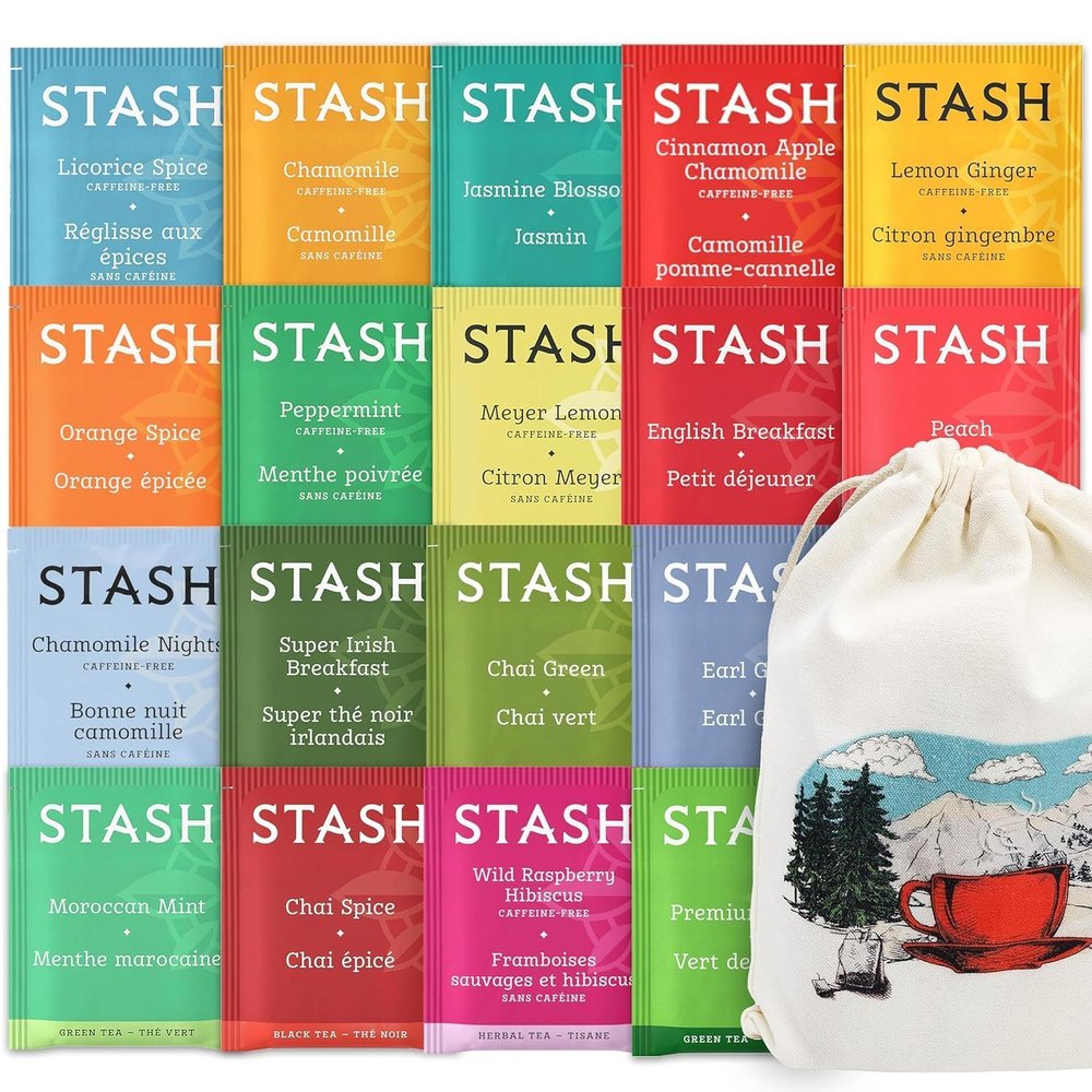 Stash Tea Bags Sampler Assortment Variety Pack 40 Tea Bags in Handmade Cotton Pouch | 18 Assorted Flavors Black Green Herbal Fruit Tea for Mom Dad Wife Husband Tea Lovers
