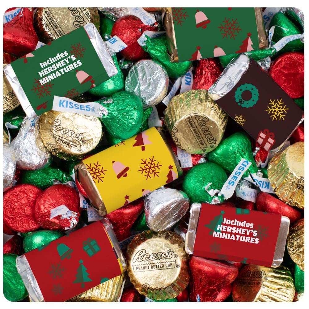 110 Pcs Christmas Hersheys Chocolate Mix - Chocolate Miniatures, Foiled Kisses, Gold Miniature Peanut Butter Cups For DIY Favors, Party Treats, Gifting & More (1.62lb)