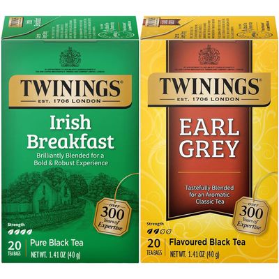 Twinings Tea Variety 2-Pack Earl Grey + Irish Breakfast, Caffeinated Black Tea Bags, Individually Wrapped, 20 Count Each