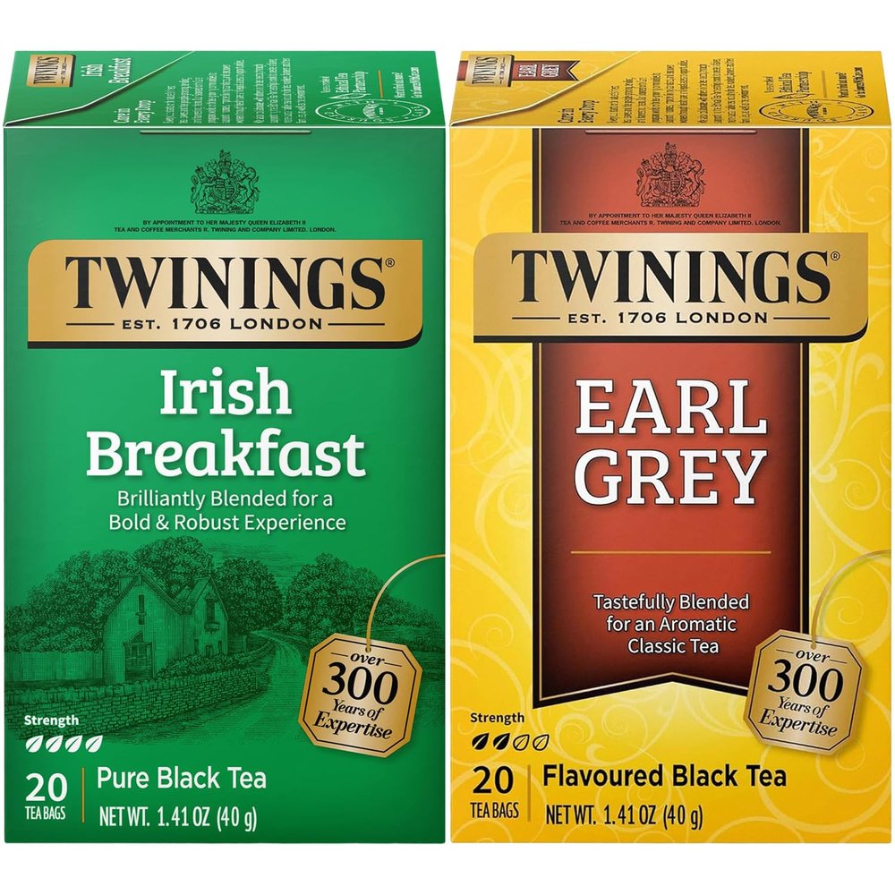 Twinings Tea Variety 2-Pack Earl Grey + Irish Breakfast, Caffeinated Black Tea Bags, Individually Wrapped, 20 Count Each