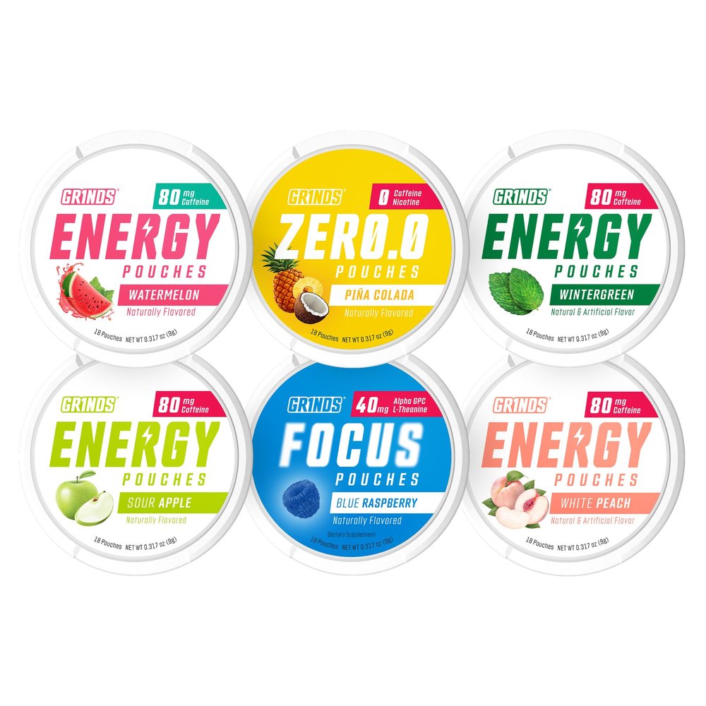 GRINDS Pouches Sampler Pack - Includes Caffeine-Free Pia Colada, Blue Raspberry Nootropic, Wintergreen, Watermelon, Sour Apple, and White Peach Energy Pouches - Sugar-Free - Zero Calories