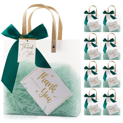 12 Pack Clear Plastic Gift Bags with Handles, 7.9" x 7.9" x 3.1" Party Favor Bags with Forest Green Ribbons and Tags, Reusable Frosted Tote Bags for Candy, Wedding Baby Shower Valentine's Day