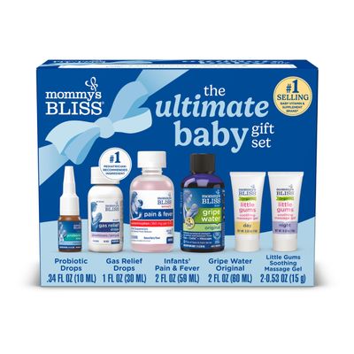 Mommys Bliss Ultimate Baby Gift Set | Gripe Water, Probiotic Drops, Pain & Fever Medicine, Gas Relief Drops, and Gum Massage Gel