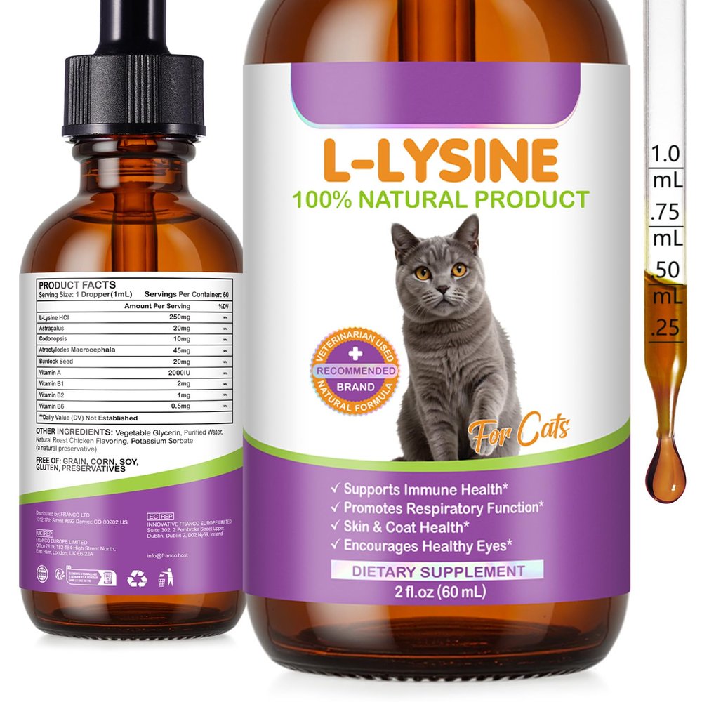 L-Lysine Supplement for Cats, Immune & Respiratory Support Liquid with Natural Ingredients, Chicken Flavor Dietary Supplement for Skin, Coat & Eye Health, 2 fl oz