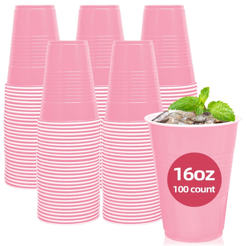 100 Pack Pink Plastic Cups, 16 oz Pink Disposable Cups, pink Solo Cups Heavy Duty for Graduation Baby Shower Birthday Picnic Wedding