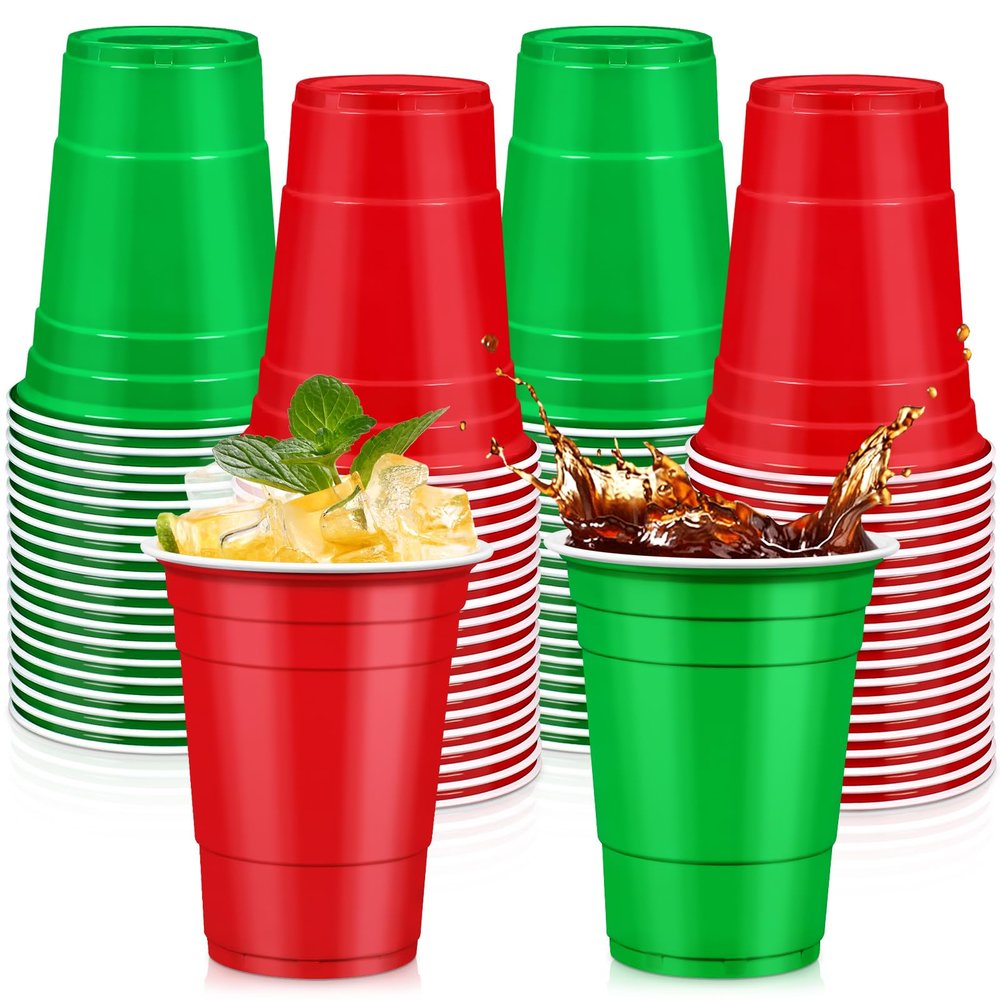 LANLISA 100Pcs Red and Green Plastic Cups, 16 oz Disposable Cups For Christmas Birthday Party Decorations