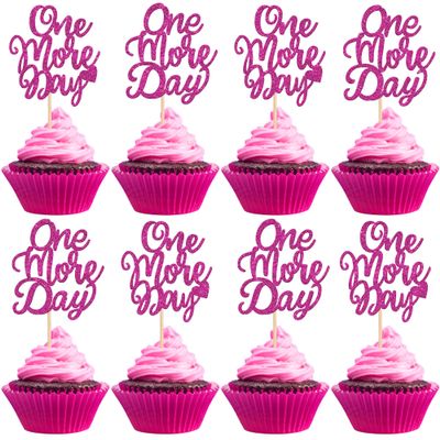 24 PCS One More Day Cupcake Toppers Glitter Wedding Rehearsal Dinner Cupcake Picks Decoration for Wedding Countdown Theme Party Cake Decorations Supplies Rose Red