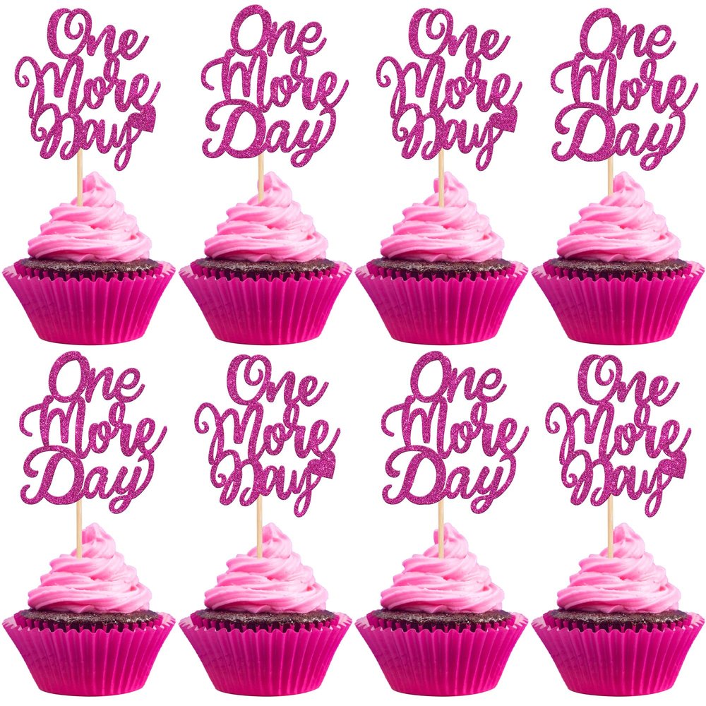 24 PCS One More Day Cupcake Toppers Glitter Wedding Rehearsal Dinner Cupcake Picks Decoration for Wedding Countdown Theme Party Cake Decorations Supplies Rose Red