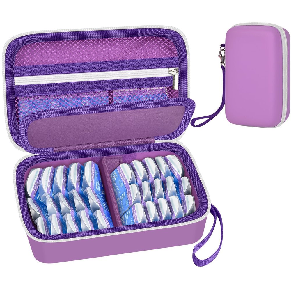 GWCASE Daily Contact Lens Case Fits 30+ Disposable Daily Lenses, Portable Contact Lens Storage Organizer with Mesh Pocket, Travel Contact Solution for Cosmetic Lens & Accessories- Purple (Case Only)