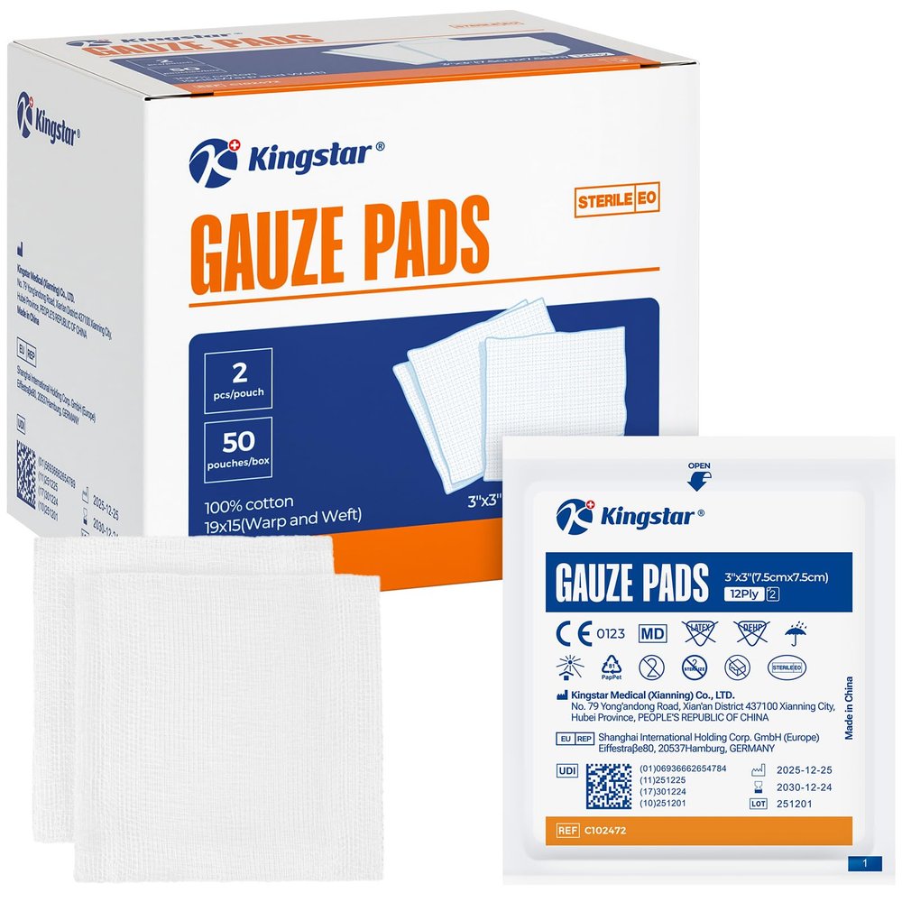 100Pcs Sterile Gauze Pads 3x3 Inch 12-Ply, 100% Cotton 3x3 Soft Gauze for Daily Scrapes & Facial Cleansing, Medical-Grade Sterile Gauze Pads First Aid Kit Supplies