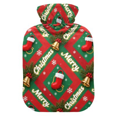 Merry Christmas Checkered Pattern Travel hot Water Bottle with Soft Cover, 2L hot Compress Bag for Period Cramps, Menstrual Cramps, Bolsa de calor para Dolor Menstrual
