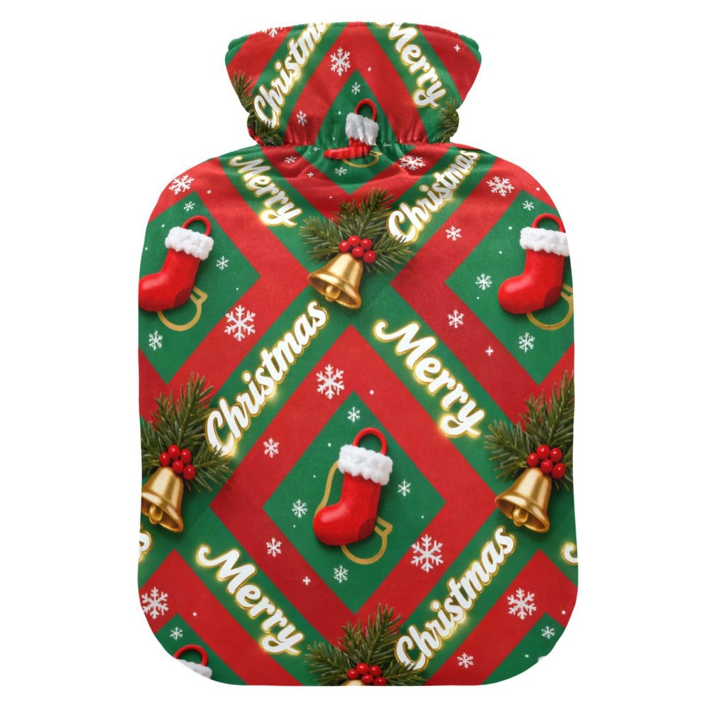 Merry Christmas Checkered Pattern Travel hot Water Bottle with Soft Cover, 2L hot Compress Bag for Period Cramps, Menstrual Cramps, Bolsa de calor para Dolor Menstrual