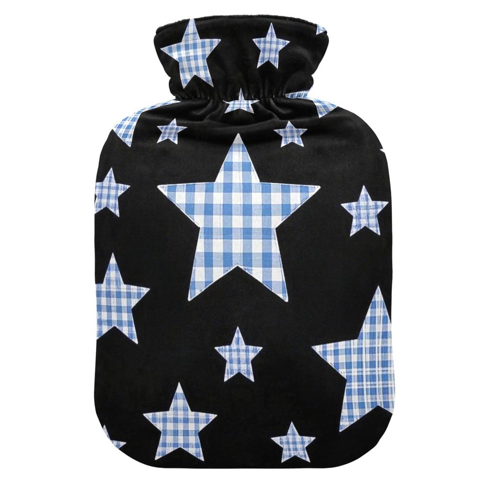 Cartoon Black Checkered Plaid Stars Water Bottle for hot Water with Soft Cover, 2L hot Compress Bag for Hand Feet Warmer, Neck Shoulder Warmer, Bolsa para agua Caliente