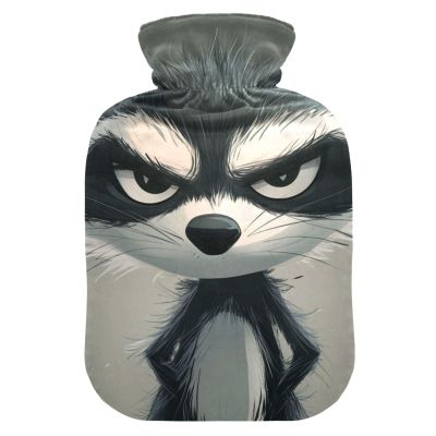 Cartoon Funny Gray Raccoon Cute hot Water Bottle with Soft Cover, 2L hot Water Bag for Tummy Warmer, Neck and Shoulder Pain Relief, Bolsa Caliente para Dolores musculares