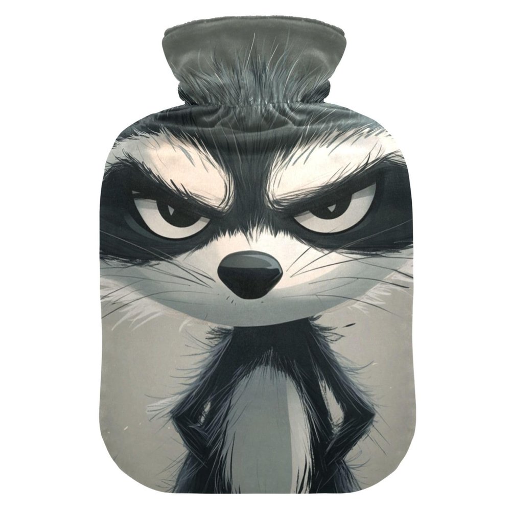 Cartoon Funny Gray Raccoon Cute hot Water Bottle with Soft Cover, 2L hot Water Bag for Tummy Warmer, Neck and Shoulder Pain Relief, Bolsa Caliente para Dolores musculares